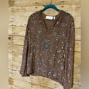 Hillary Scott tan/blue long sleeve sheer sequined top with camisole sz S